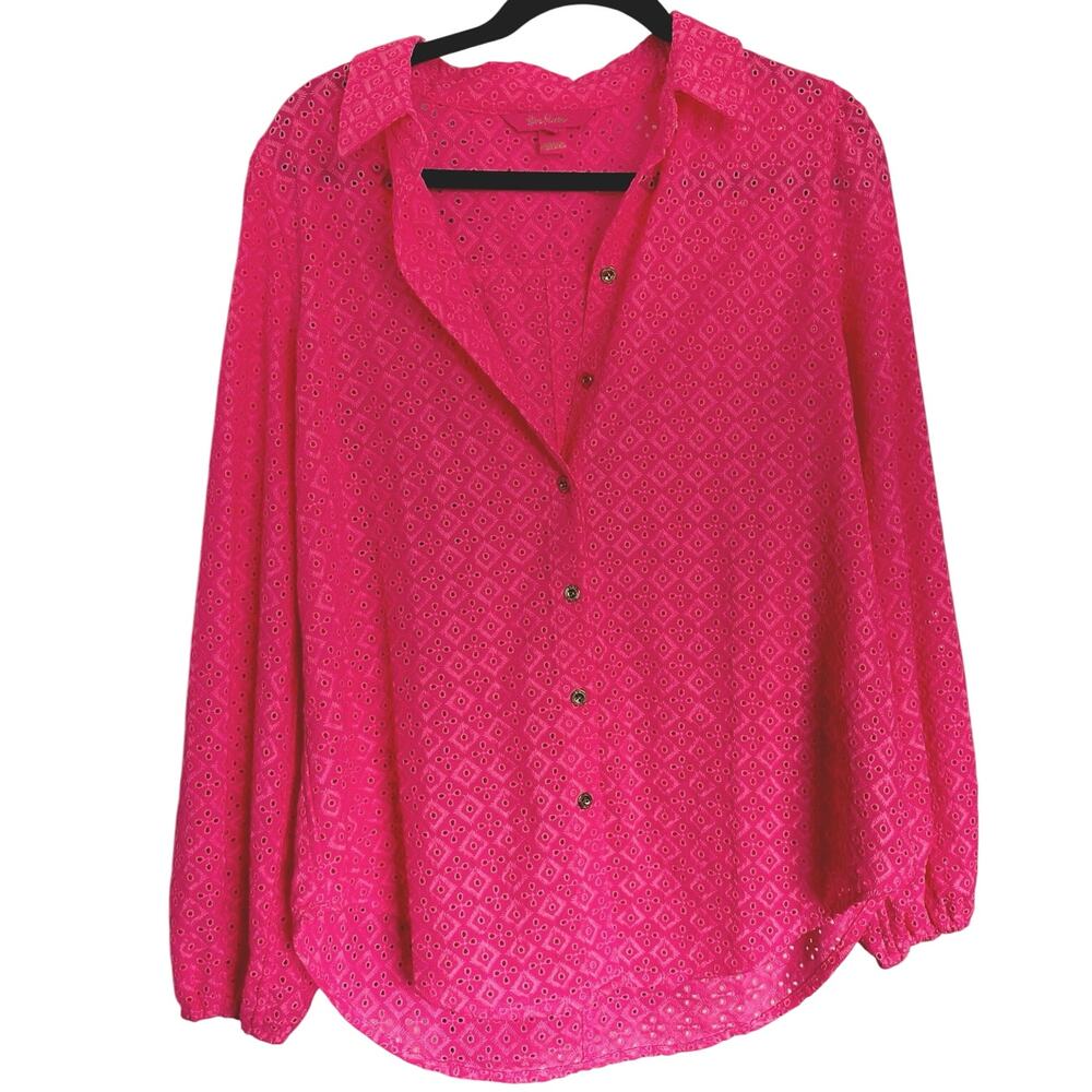 Lilly Pulitzer L Bright Pink Sea Breeze Eyelet Button Down Blouse Preppy Coastal